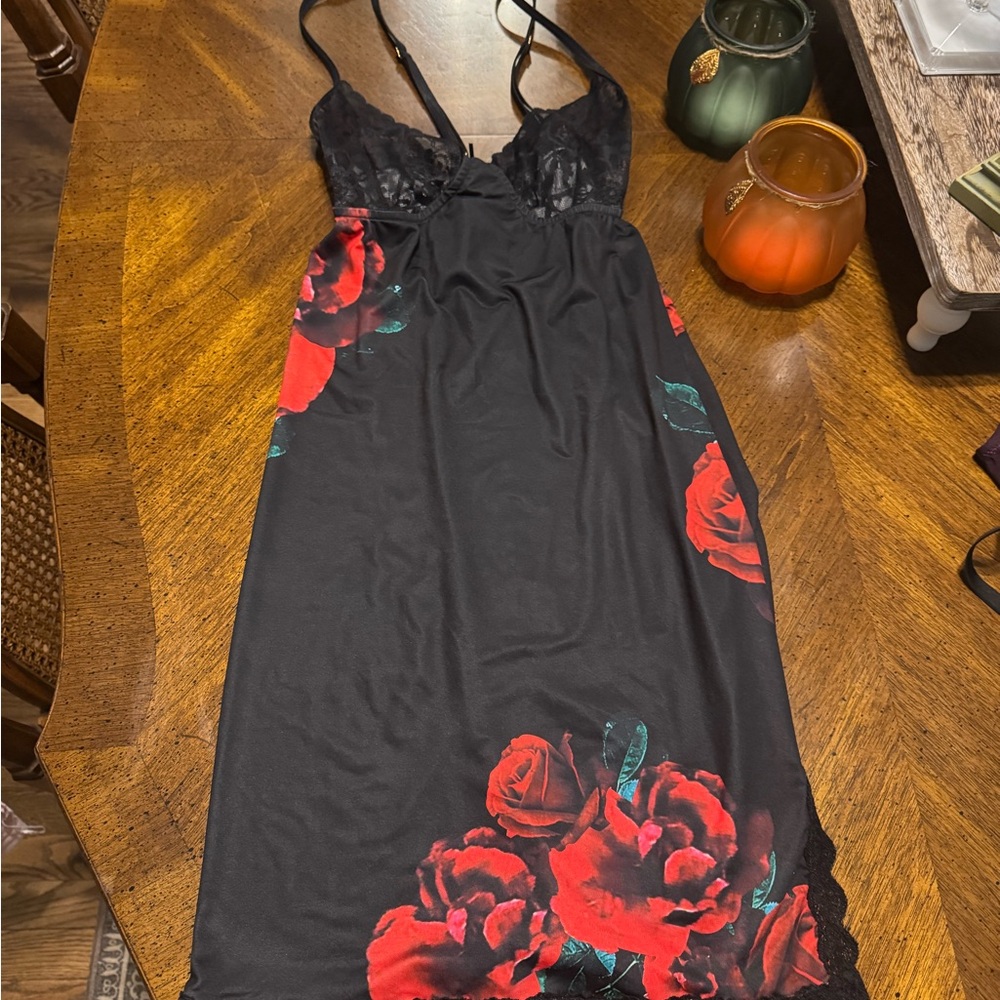Elegant Black and Red Floral Nightgown